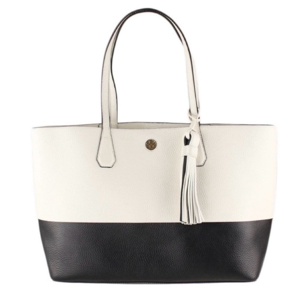 TORY BURCH Color Block Tote Perry Pebble Leather, White & Black